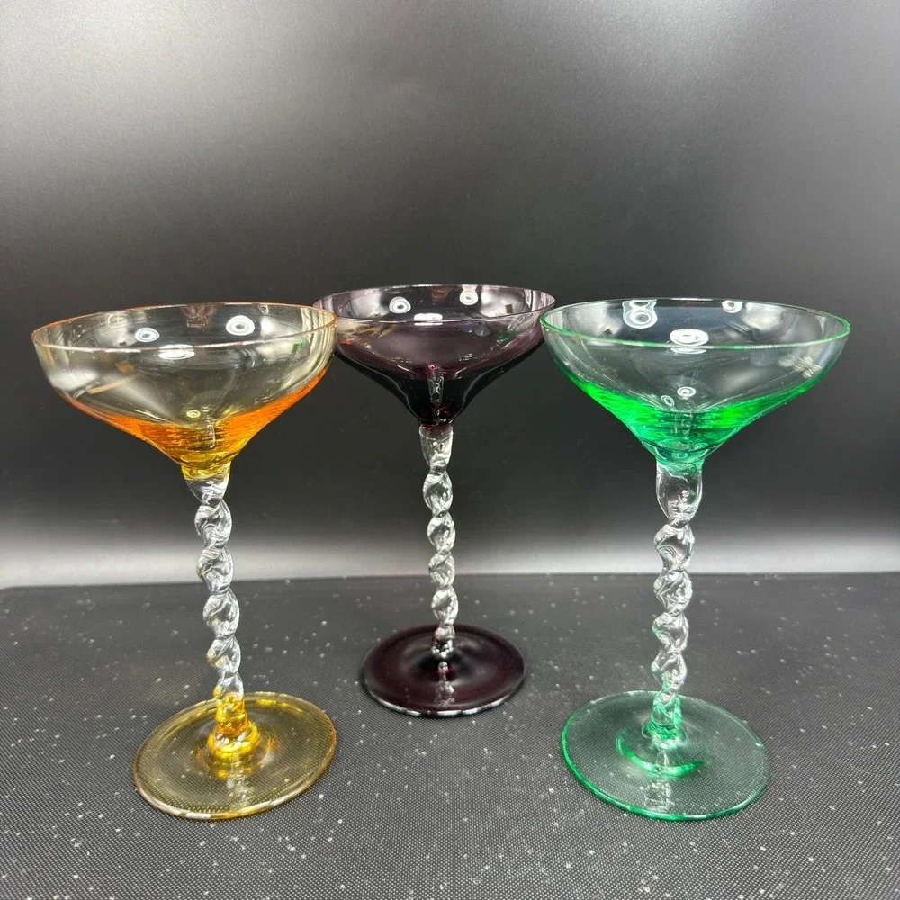 Pier 1 Martini Glasses Set of 3 Twisted Stem Amber Plum Green Barware Glasses
